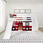 Low Twin over Twin Bunk With Stairs, Easy Slide & Firetruck Curtain