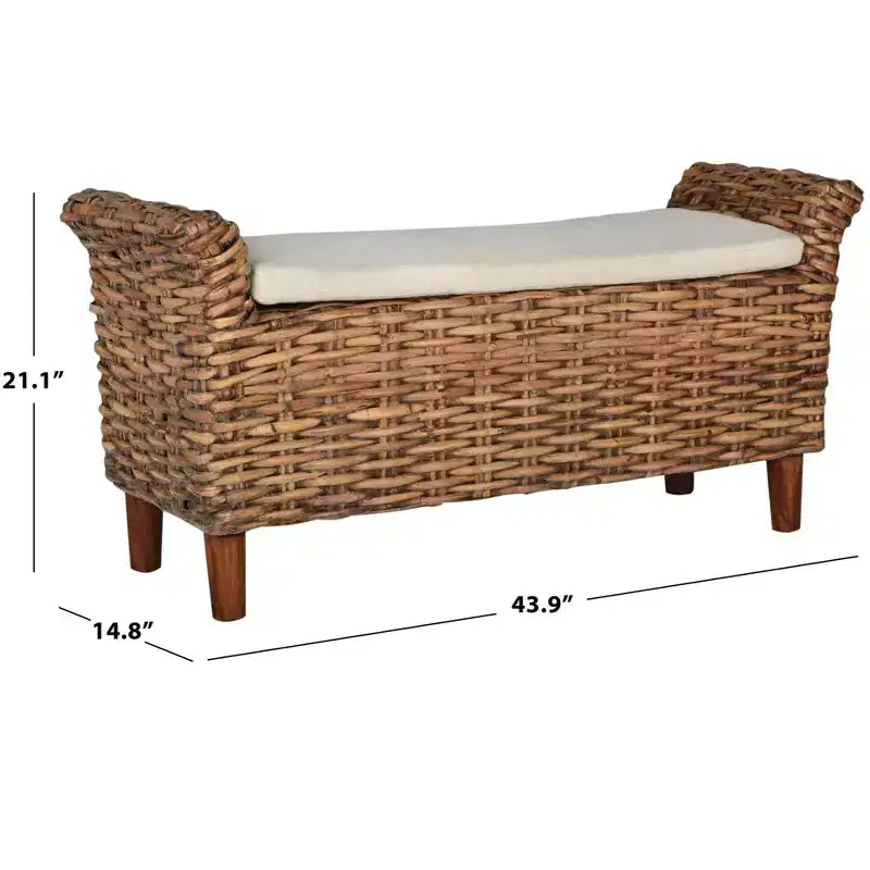 Upholstered Bench with Mango Wood and Rattan Frame, White and Brown
