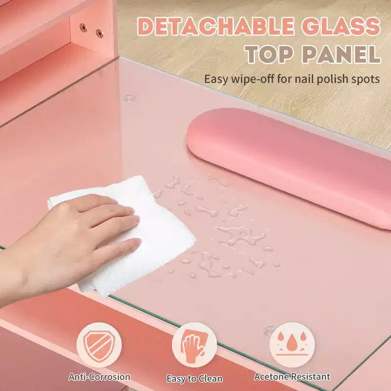 Black / Pink Modern Manicure Nail Desk with Glass Top & Wrist Rest, Single Station