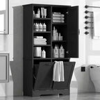 Bathroom Storage Cabinet with Doors and Drawers Tilt-Out Laundry Hamper Multiple Storage Space Freestanding Style