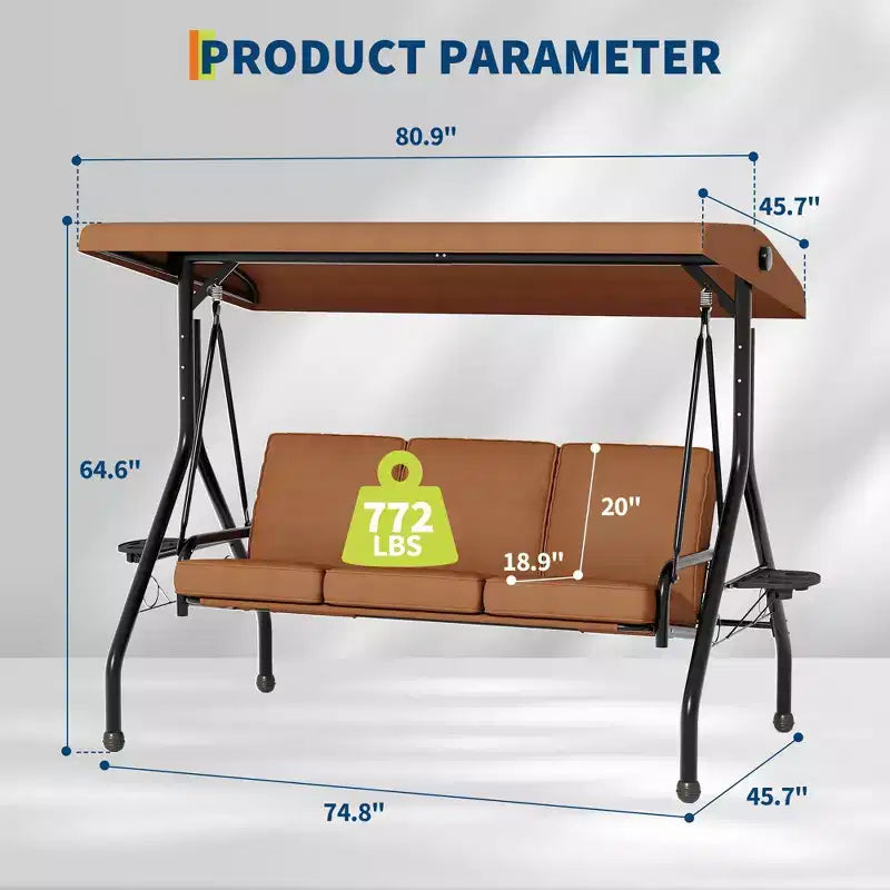 3 Seat Outdoor Porch Swing, 2-in-1 Patio Swing Chair, Thickened Removable Cushions, Adjustable Canopy, Weather Resistant Steel Frame