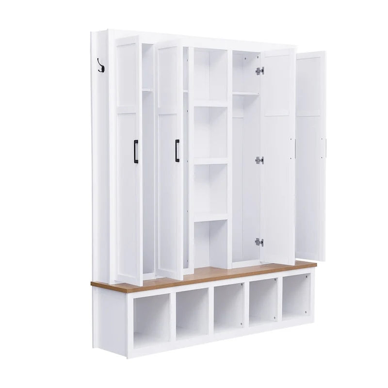 Black / White / Blue Farmhouse Hall Tree with Shoe Cabinet, Bench, Hooks and Open Shelves for 1窶・ Person