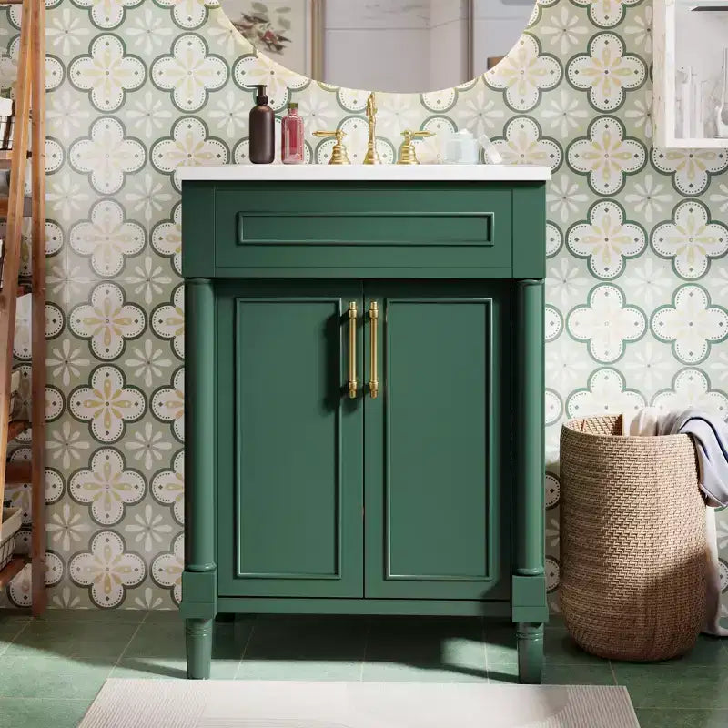 24 Bathroom Vanity with Ceramic Sink, Shaker Cabinet, 2 Soft-Close Doors, Solid Wood Frame for Small Bathroom or Powder Room