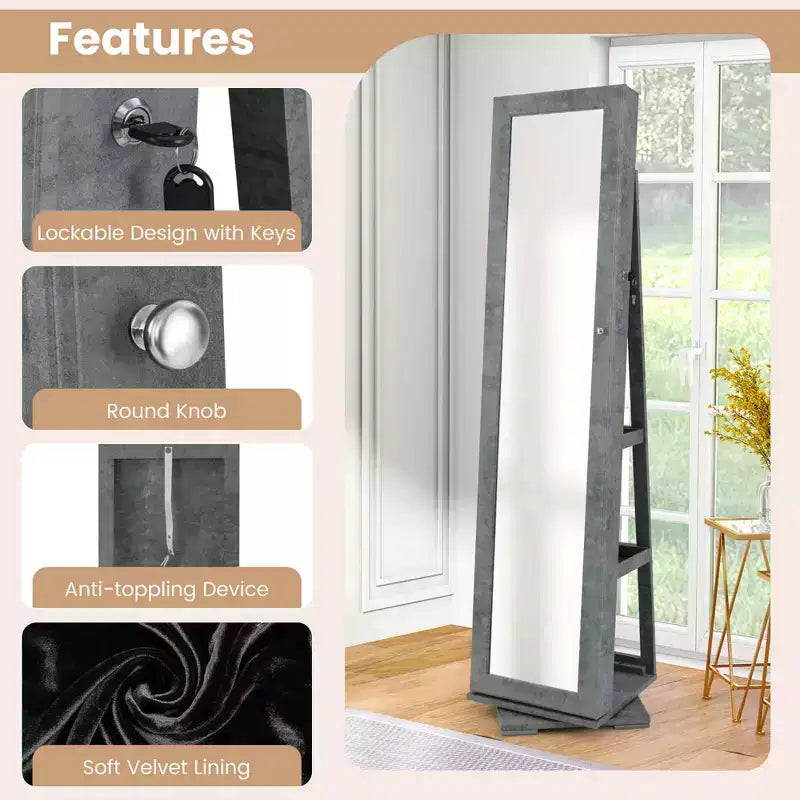 Costway Armoire à bijoux rotative à 360° 2-en-1 Organiseur miroir verrouillable Blanc/Noir/Marron foncé/Gris/Bleu/Rose/Violet/Gris foncé