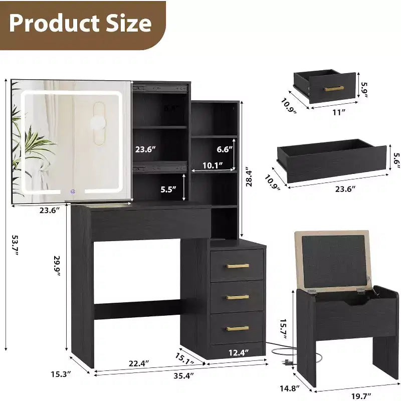 DobleePy Modern Vanity Desk with Sliding Mirror & LED Lights, 4 Drawers, 7 Shelves, Charging Station & Stool, Makeup Dressing Table for Bedroom