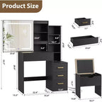 DobleePy Modern Vanity Desk with Sliding Mirror & LED Lights, 4 Drawers, 7 Shelves, Charging Station & Stool, Makeup Dressing Table for Bedroom