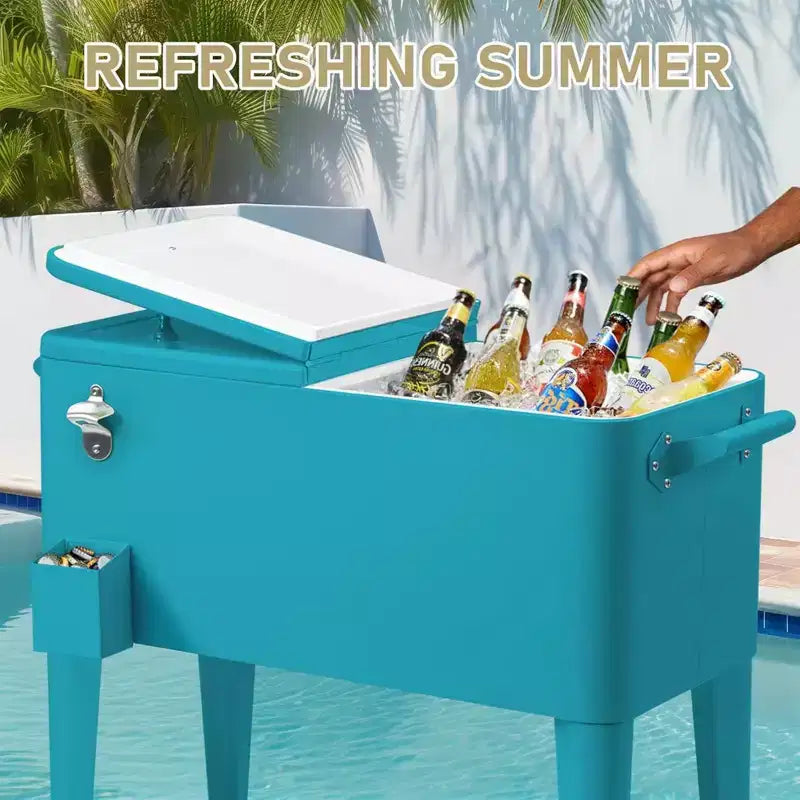NAYSAYE Glacière à roulettes 80 Litres, Bar Portable avec Collecteur de Gouttes, Plateau de Rangement Inférieur pour Fête sur la Terrasse, Barbecue, Plage, Bleu, 34.3*15.2*35.8