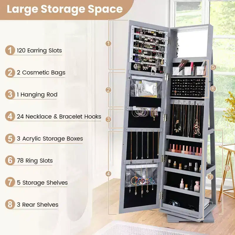 Costway Armoire à bijoux rotative à 360° 2-en-1 Organiseur miroir verrouillable Blanc/Noir/Marron foncé/Gris/Bleu/Rose/Violet/Gris foncé