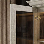 Famapy Bookcase Gray Oak Glass Display Cabinet wLED Light Strip, Tall Bookshelf with Doors Curio Storage Cabinet