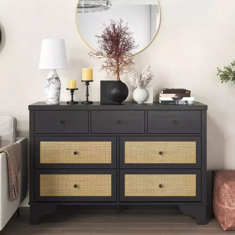 7 Drawer Dresser for Bedroom, 47.3 Wide Natural Rattan Chest of Drawers, Wood Boho Clothing Storage Organizer, for Living Room