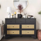 7 Drawer Dresser for Bedroom, 47.3 Wide Natural Rattan Chest of Drawers, Wood Boho Clothing Storage Organizer, for Living Room