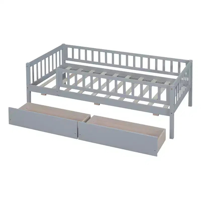 Twin Size Low Daybed with Storage Drawers, Wood Twin Platform Bed Frame with Rails for Boys and Girls Bedroom