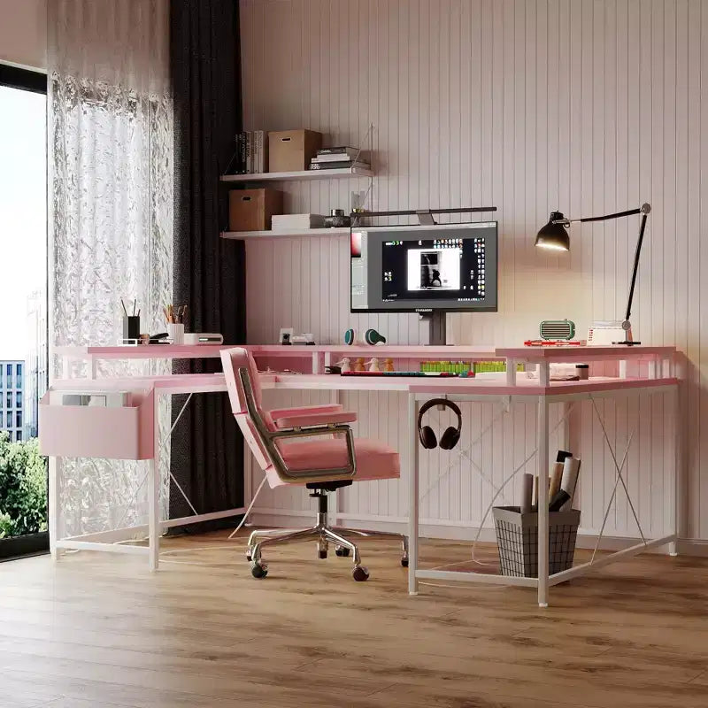 COZONY 78 U/L Shaped Gaming Desk, Reversible Computer Desk with Power Outlets, LED Lights, Monitor Stand & Storage Shelf, Corner Desk for Home Office