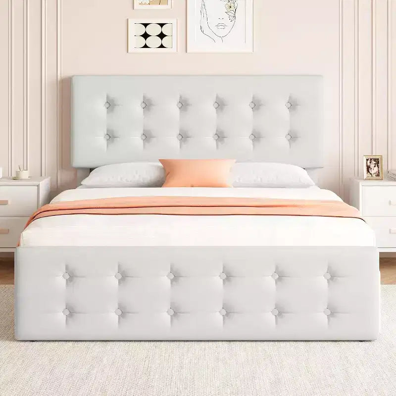 Storage Bed Frame with 4 Drawers & Adjustable Headboard - Upholstered Platform Bed