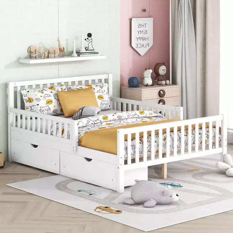 Full Size Wood Platform Bed with Guardrails on Both Sides and Two Storage Drawers, White