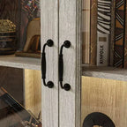 Famapy Bookcase Gray Oak Glass Display Cabinet wLED Light Strip, Tall Bookshelf with Doors Curio Storage Cabinet