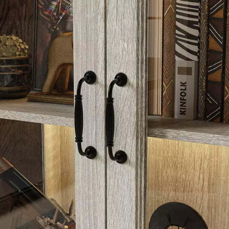 Famapy Bookcase Gray Oak Glass Display Cabinet wLED Light Strip, Tall Bookshelf with Doors Curio Storage Cabinet