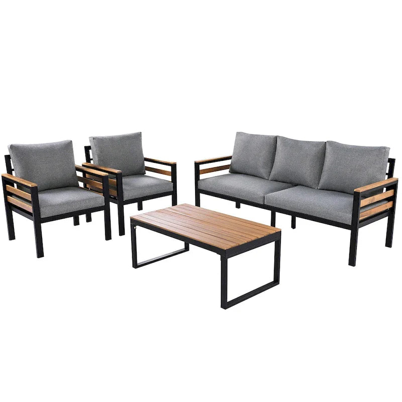 4-Piece Outdoor Sofa Set for 5 with Solid Wood Coffee Table and Removable Cushions