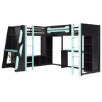 L-Shaped Gaming Loft Bed with Desks, Double Twin Loft Beds with LED Lights, USB Ports, Storage Bookshelves, Wood Corner Loft Bed for 2