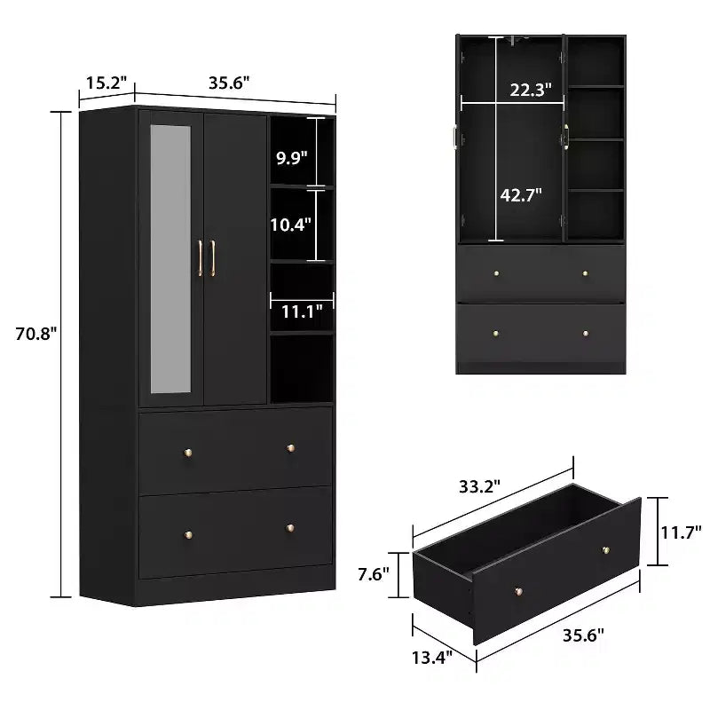 2-Door Armoire with Mirror, Hanging Rod and 2 Drawers