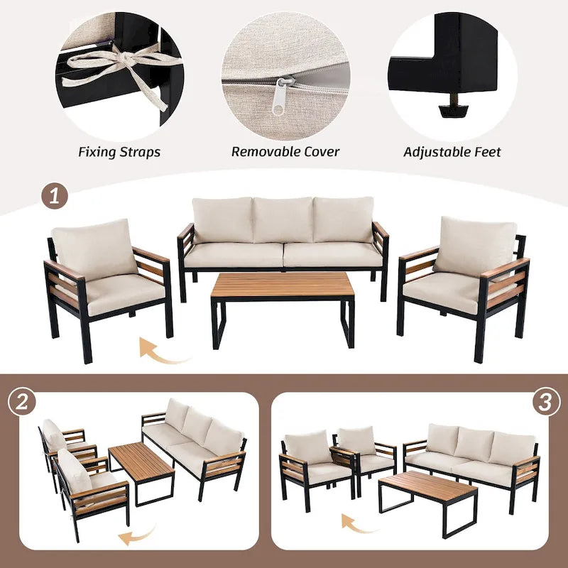 4-Piece Outdoor Sofa Set for 5 with Solid Wood Coffee Table and Removable Cushions