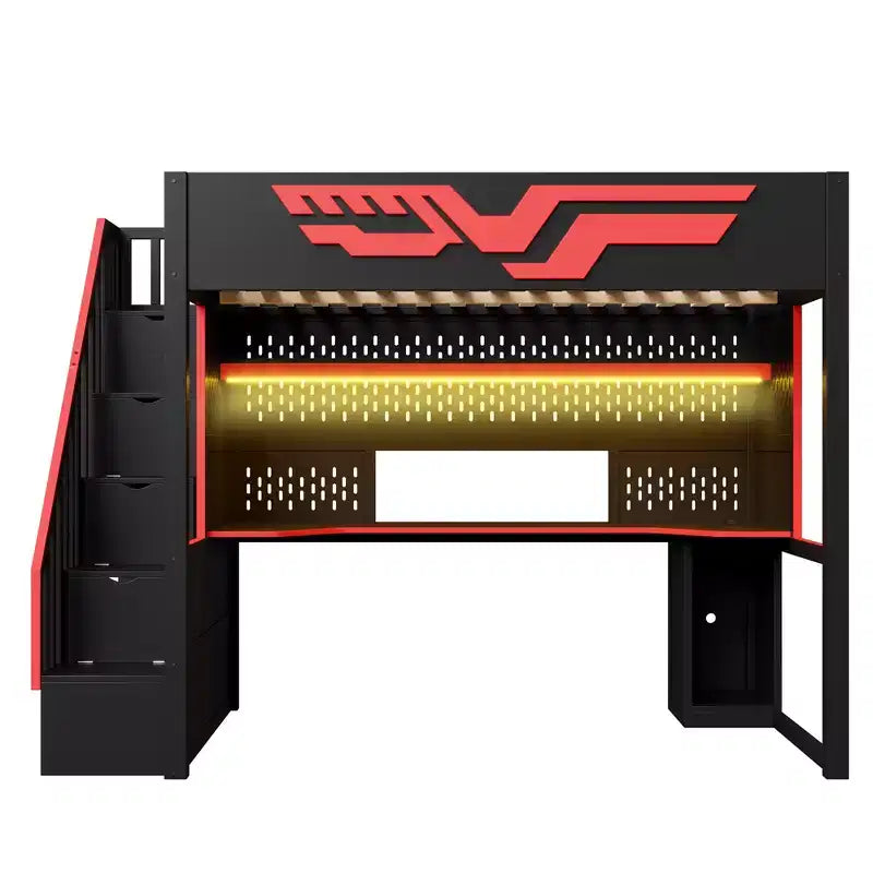 Full Gaming Loft Bed with Desk and LED Light, Wood Full Size Stairway High Loft Bed and Storage Staircase and USB, Red+Black