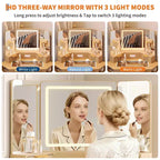 47 Corner Makeup Vanity Desk with Mirror and Light, Wooden Dressing Table with Glass Top & Charging Station, Makeup Vanity Table for Bedroom