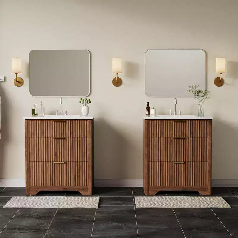 Modern Fluted Bathroom Vanity Set with Integrated Ceramic Basin Freestanding Bathroom Storage Vanity Cabinet with 3 Drawers for Contemporary Bathroom