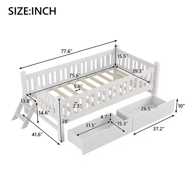 Whisen Twin Size Wood Platform Bed with Guardrail and 2 Drawers