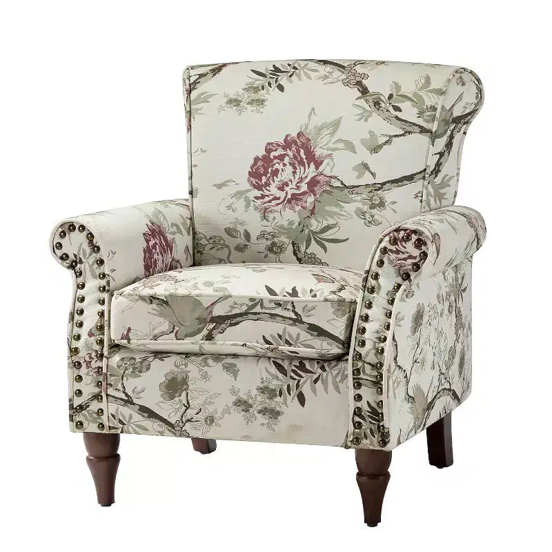 Araceli Traditional Wooden Upholstered Floral Armchair with Wingback and Nailhead Trim| ART OF LIVING DESIGNS