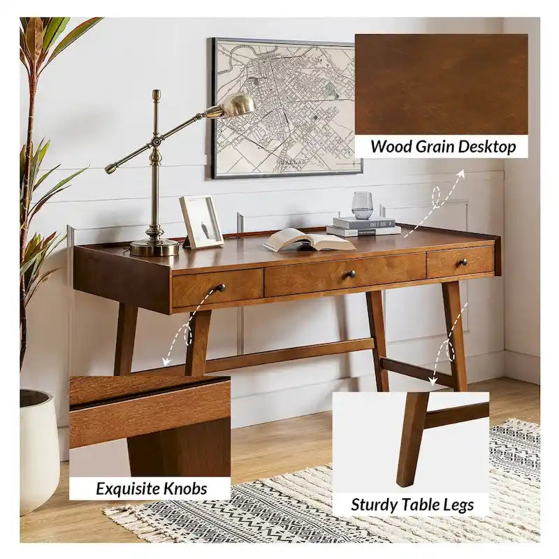 Mid-century Office Desk with Drawer Divider&Cable Management&Charging Station