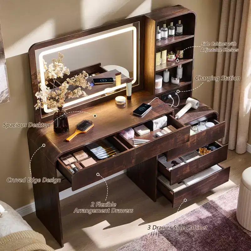 Vanity Desk with 35.4 LED Mirror and Lights, Modern Makeup Vanity Table with Charging Station & Adjustable Shelves