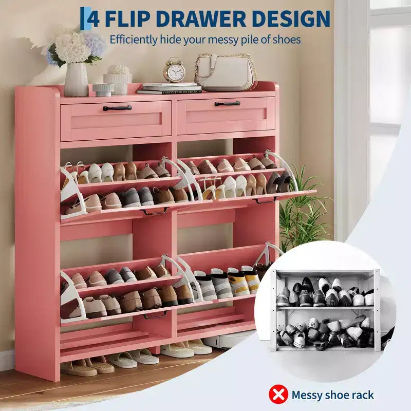 Shoe Cabinet with 4 Flip Drawers & 2 Top Drawers, Wooden Shoe Organizer Cabinet with Adjustable Shelf, Freestanding Shoe Storage Cabinets
