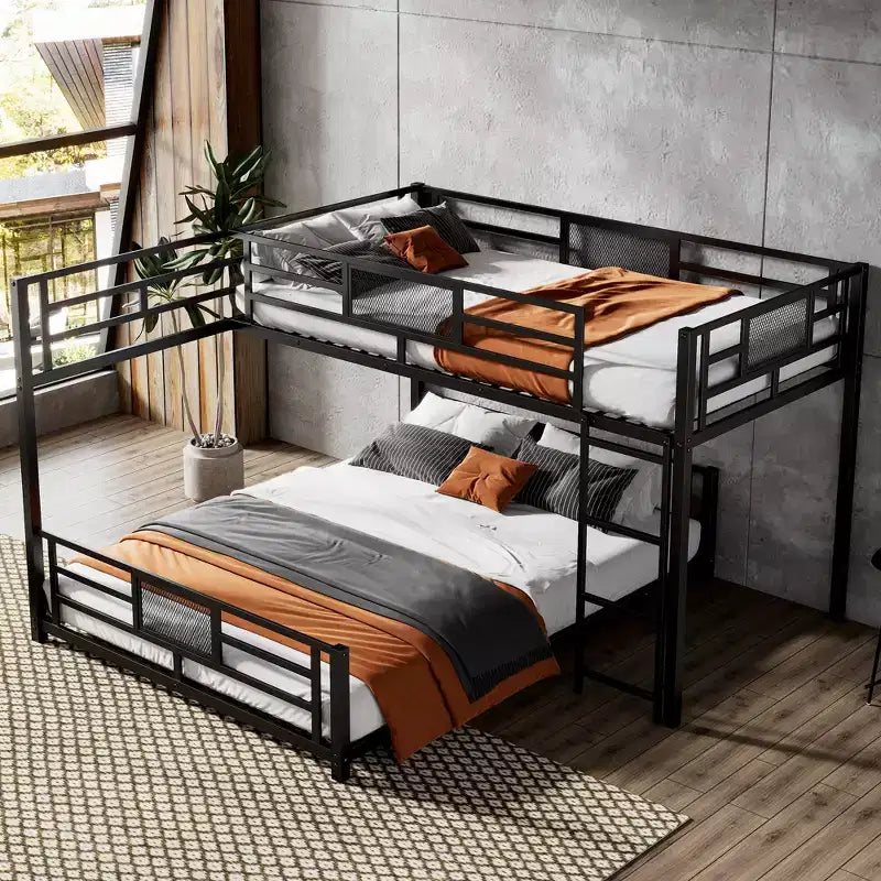 Twin over Full L-shaped Metal Bunk Bed with Ladder and Guardrail -ModernLuxe