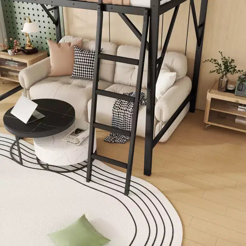 Queen Size Loft Bed with Ladder Metal Queen Loft Bed with Storage Shelves High Loft Bed for Kids Teens Black