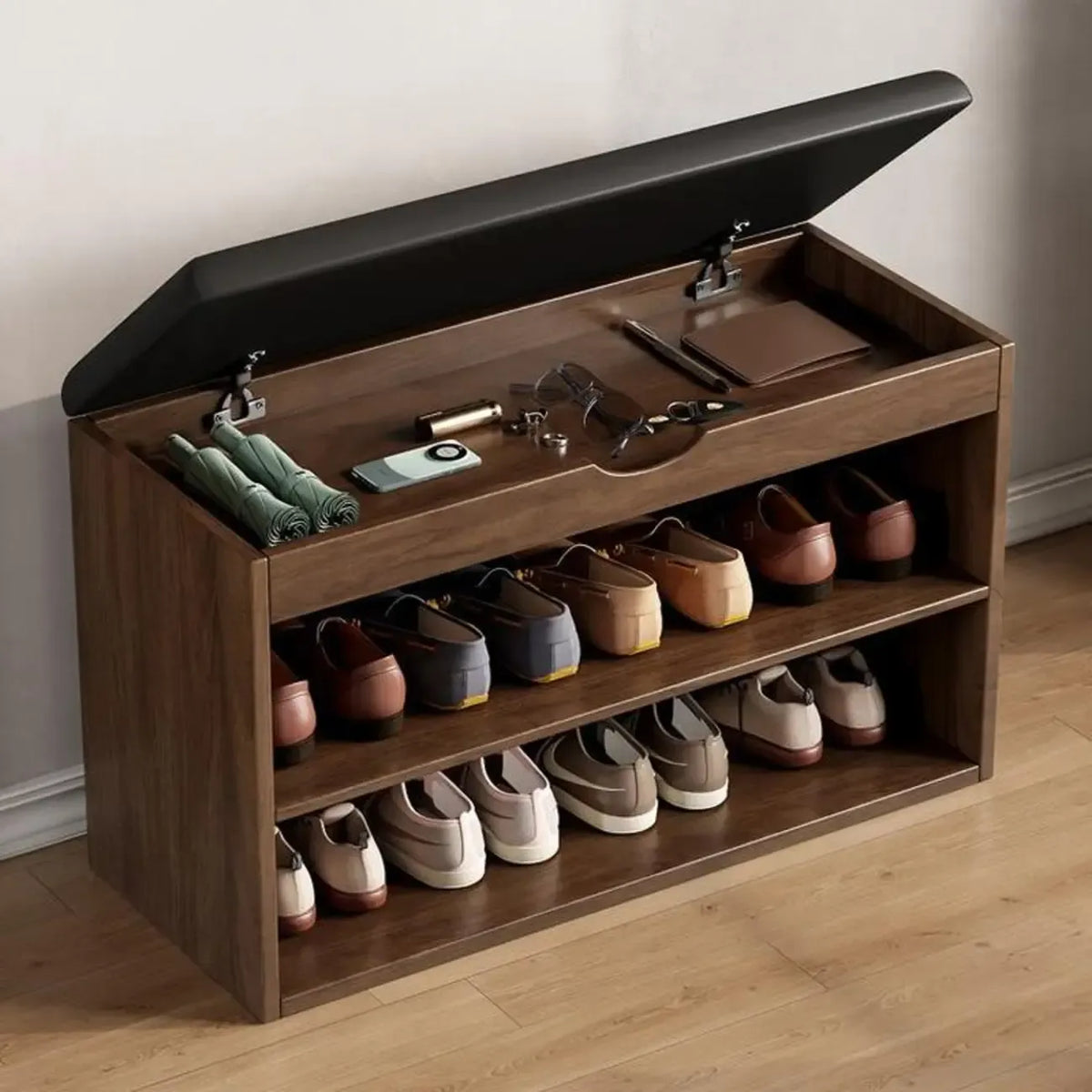 Banc de rangement à chaussures en bois massif avec coussin et étagère ouverte