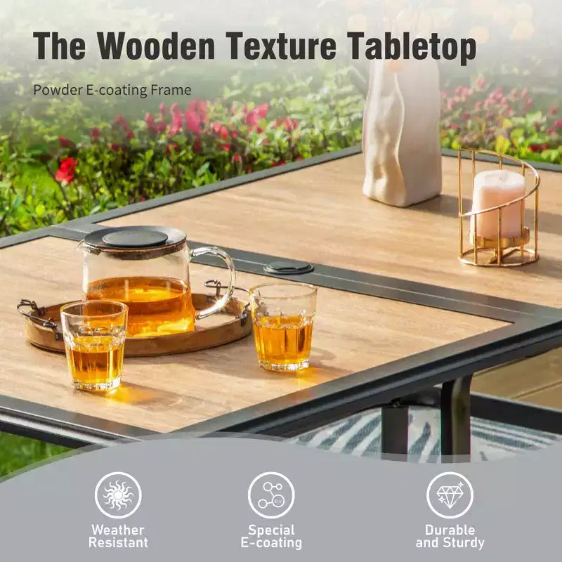 Captiva Designs 8pc Outdoor Patio Rectangle Steel Dining Table & Rattan Swivel Chairs & Beige Umbrella