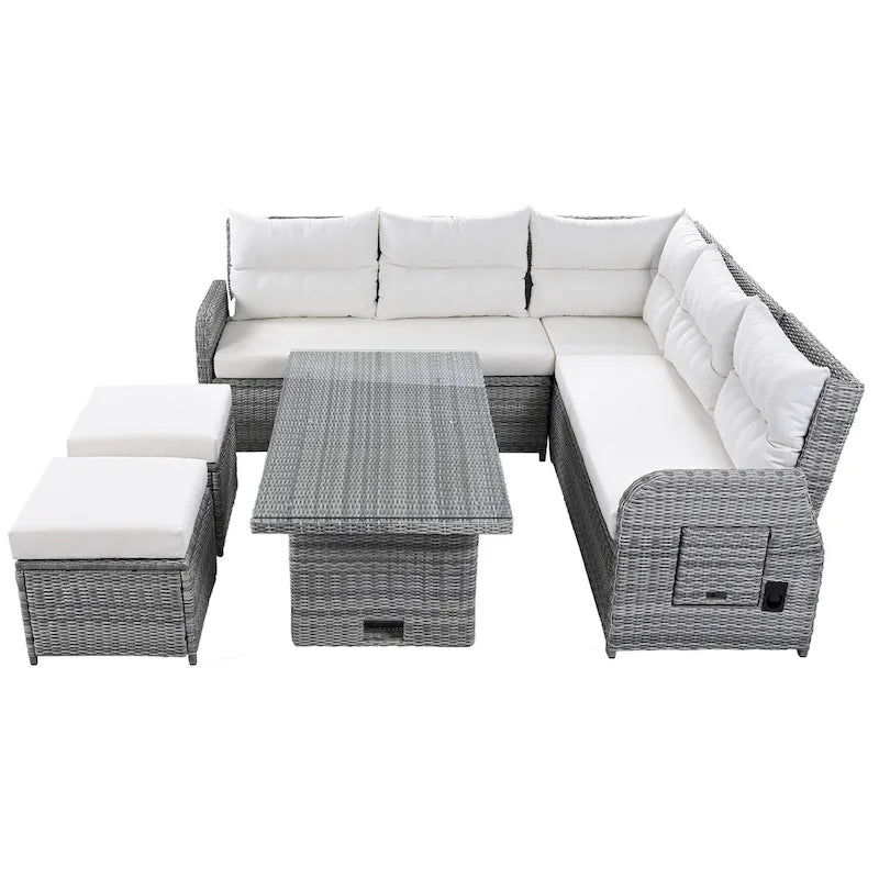 Outdoor Rattan Sectional Sofa Set with Adjustable Table & Recliners