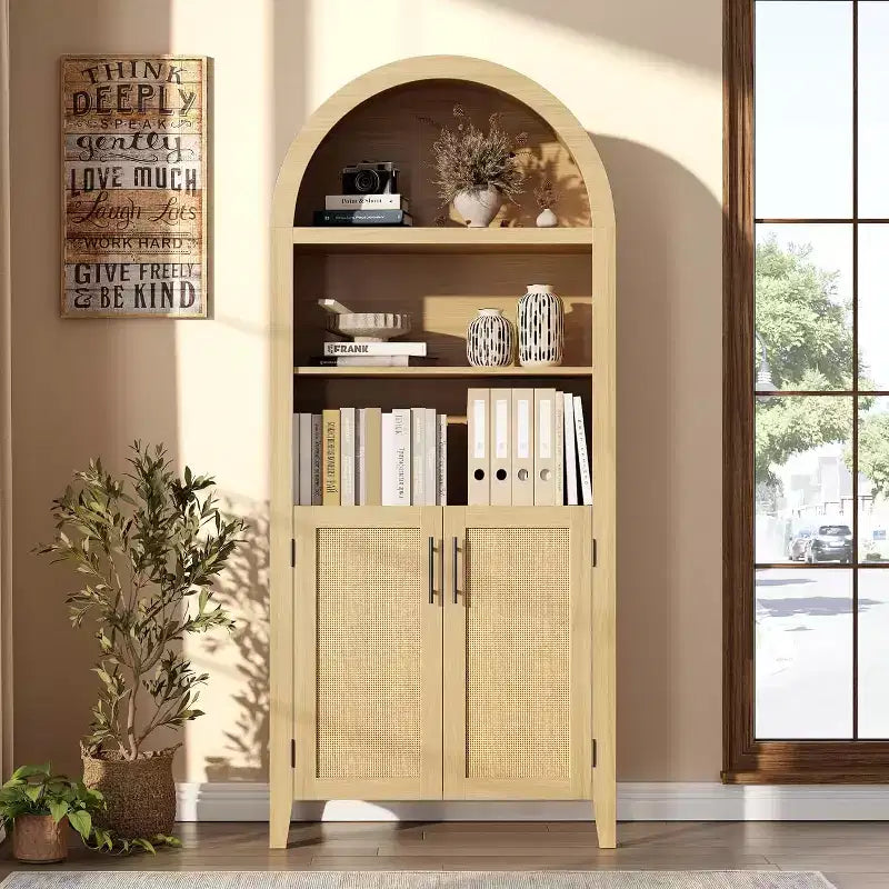 5-Tier Open Display Shelf with Rattan Decor, Farmhouse Storage Cabinet, Arched Kitchen Pantry Storage Cabinet, for Home, Office, Living Room