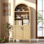 5-Tier Open Display Shelf with Rattan Decor, Farmhouse Storage Cabinet, Arched Kitchen Pantry Storage Cabinet, for Home, Office, Living Room