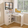 Bureau d'ordinateur JVNOXK avec armoire vitrée et éclairage LED intégré, bureau d'angle en L, avec ports de charge USB et plateau de clavier, blanc