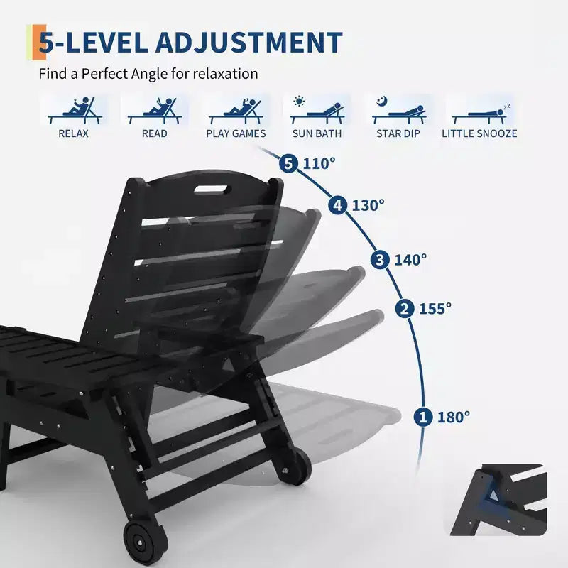 Lot de 2 chaises longues pliantes réglables 5 positions en PEHD, transats d'extérieur avec porte-gobelet, roulettes, accoudoirs, résine durable
