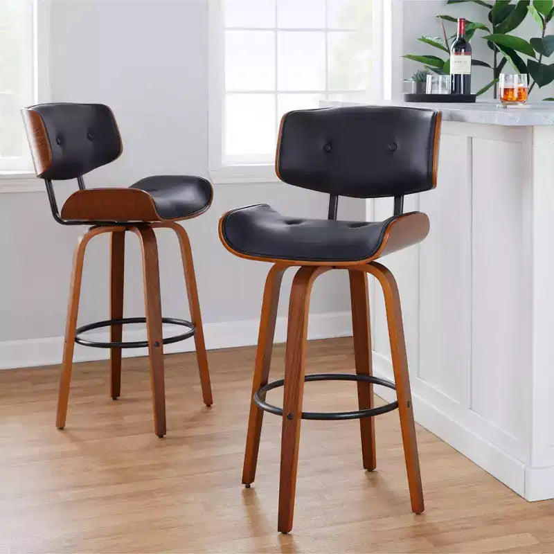 Set of 2 Lombardi Barstools Walnut/Black - LumiSource: Mid-Century Fixed-Height, Tufted, 30.5 Seat