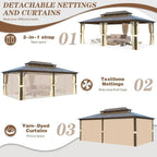 Tonnelle EROMMY à toit rigide, pergola extérieure avec double toit, moustiquaire et rideaux, auvent robuste pour patio, jardin, fête au bord de la piscine