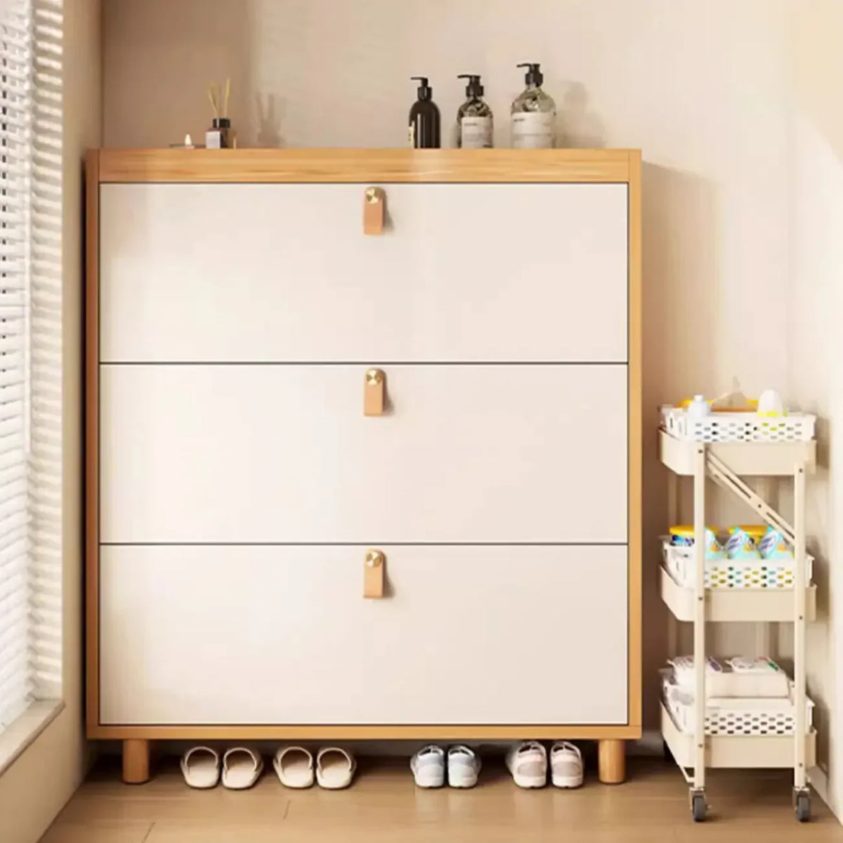 Natural Narrow Drop Front Shoe Cabinet with Doors