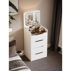 Okak 3-In-1 Vanity Table with Plip Top Mirror, Compact Vanity with Visible Glass Desktop and Cushioned Tool, Vanity Desk for Bedroom