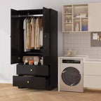 71 Inch Modern Wooden Bedroom Armoire Wardrobe Closet with 2 Doors 2 Drawers Adjustable Shelves Clothing Storage Cabinet and Hanging Rod