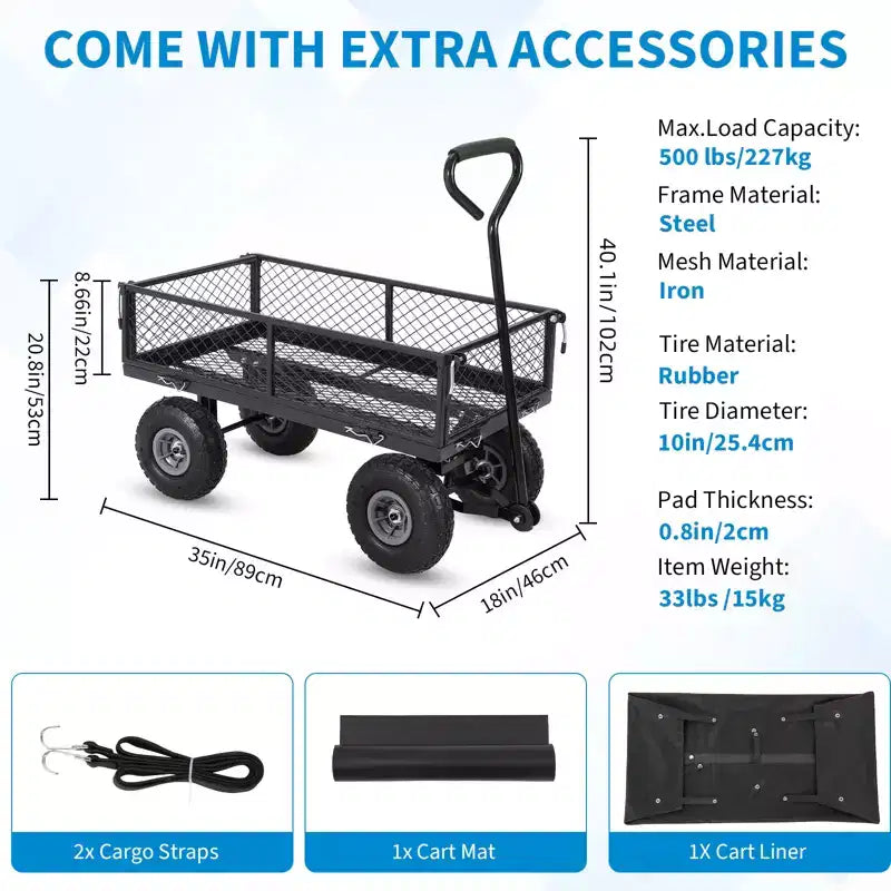 Heavy Duty Steel Garden Cart Wagon, 500 Lbs, Folding Utility Wagon with Removable Mesh Sides & Liner, 10 Pneumatic Tires, Pull Handle