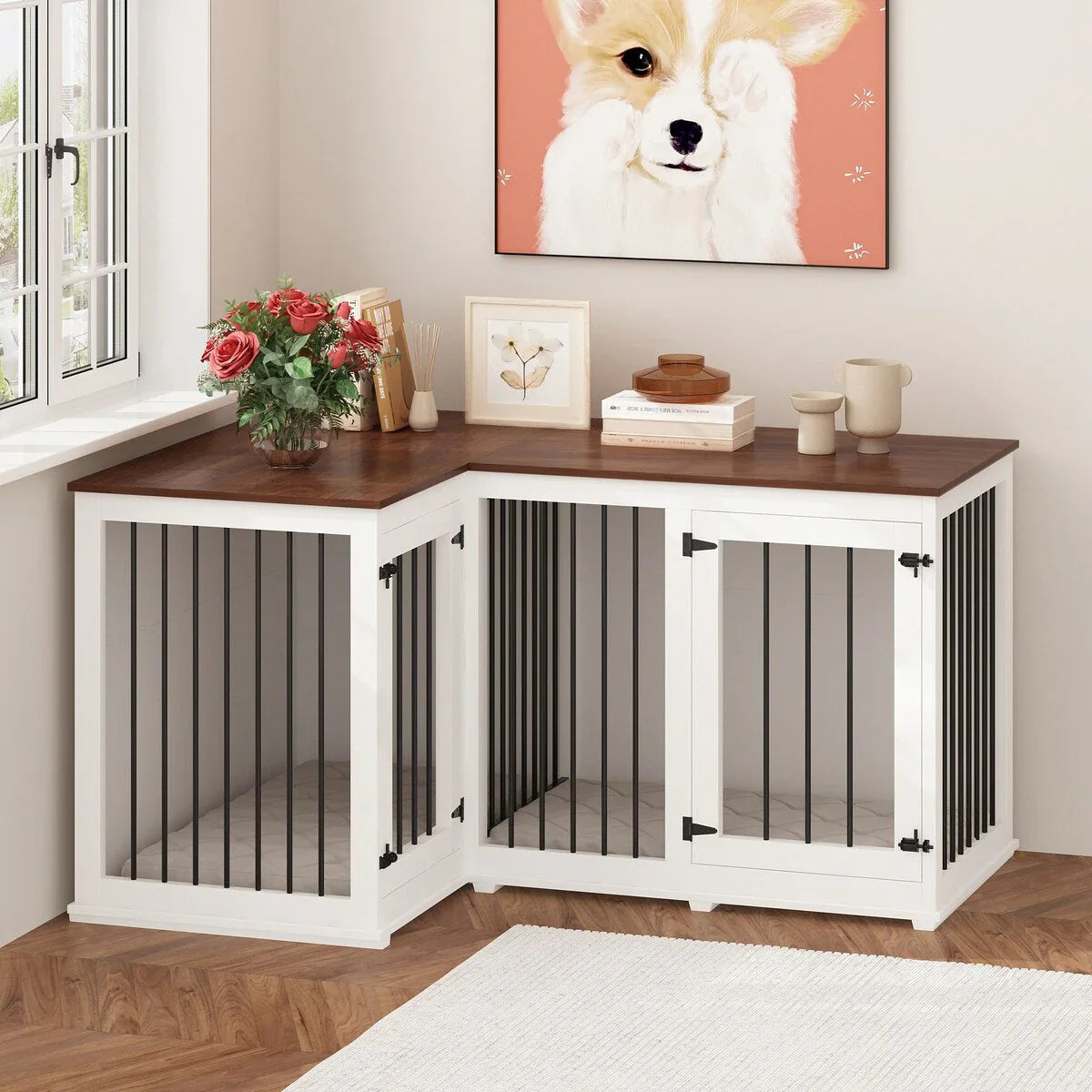 Grand meuble de caisse d'angle pour 2 chiens, cage pour chien en forme de L - 58,7X41,1