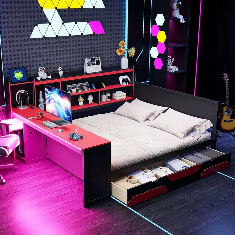 Full/Queen Gaming Daybed with Bookcase Headboard, LED Lights, Integrated Desk, Drawers and Charging Station